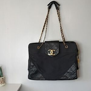 CHANEL Black Shoulder Tote with Quilted Leather Trim and Gold Chain